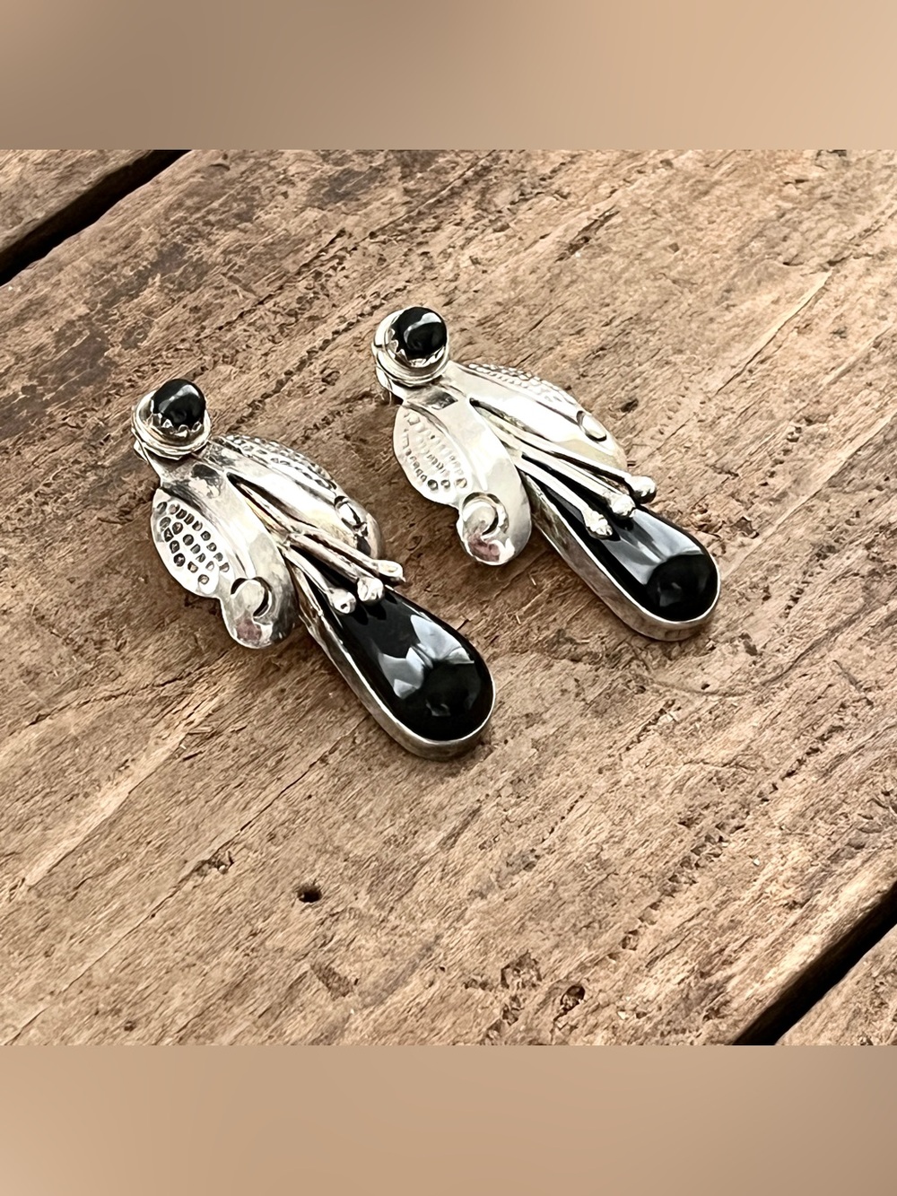 Vintage Taxco Sterling Silver Black Onyx Jacket Earrings 2 in 1 Convertible - Picture 3 of 10